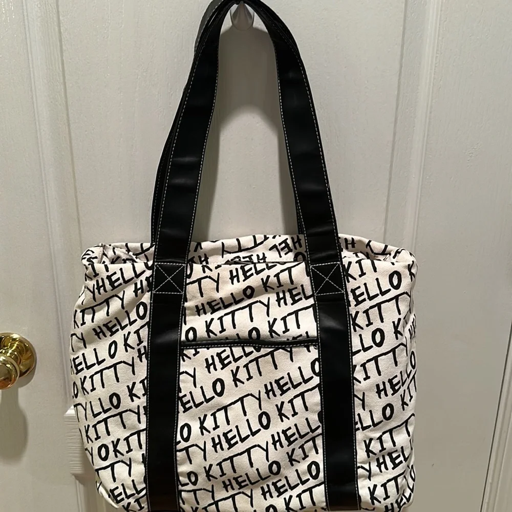 Hello Kitty Sanrio White Black Fabric Overnight Tote Bag Purse 4 Leaf Clover HTF